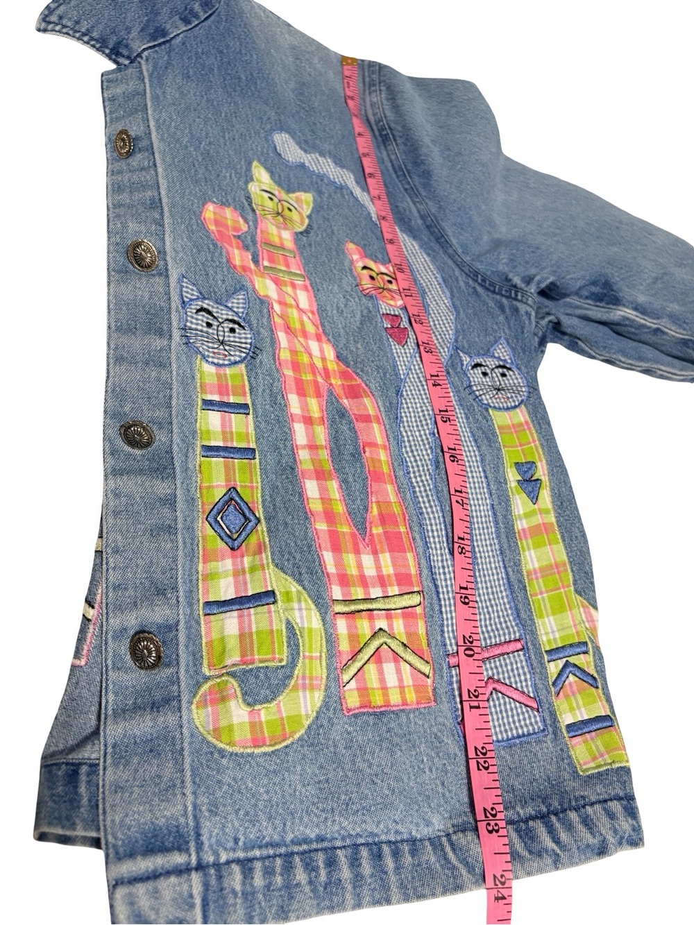 Vintage Tantrums Cat Appliqué Denim Jacket Large Artsy Quilted Patchwork - Picture 10 of 12